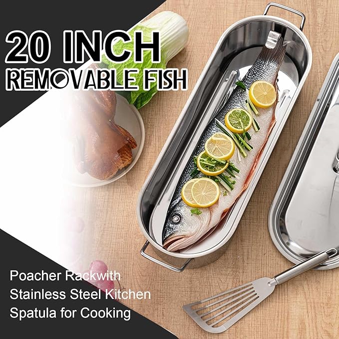 Maxdot 2 Pcs Stainless Steel Endurance Collection Fish Poaching Set, 20 Inch Removable Fish Poacher Rack with Stainless Steel Kitchen Spatula for Cooking, Flipping, Turning, Frying and Grilling