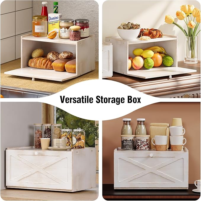 Bamboo Bread Box for Kitchen Counter Farmhouse Bread Storage Container Large Capacity Bread Storage Bin Bread Holder (Antique White)