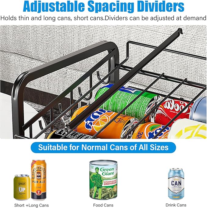 6-Tier Stackable Can Rack Organizer for Pantry, Adjustable Can Dispenser Holds Up to 60 Cans, with 12 hooks, Can Storage Holder for Various Ounces of Canned Food Soda Drinks, Black, 2 Pack