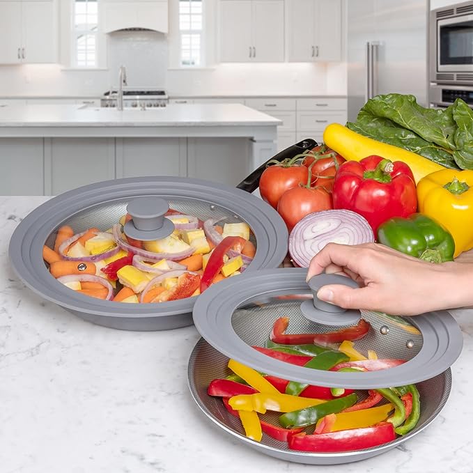 Universal Lid for Pots Pans & Skillet Size 7, 7.5, 8, 8.5, 9, 9.5,10, 10.5,11 & 11.5" Inches Cookware - Tempered Glass Lid with Silicone Rim (Two Pack - Black)