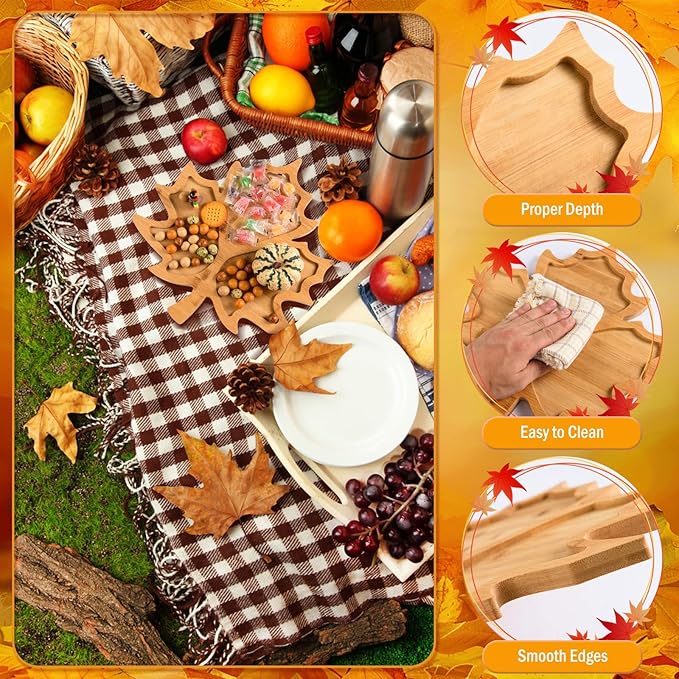 AWIZOM Maple Leaf Charcuterie Boards Thanksgiving Wooden Serving Platter Bamboo Serving Tray Sectional Fall Leaf Wood Dish Plate for Halloween Autumn Harvest Party Supplies,14.17x14.17x0.59 Inch