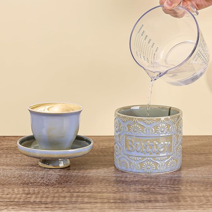 Butter Crock with Water Line, Ceramic Butter Keeper for Counter, French Butter Dish with Lid for Spreadable Fresh Butter (Pale Blue)