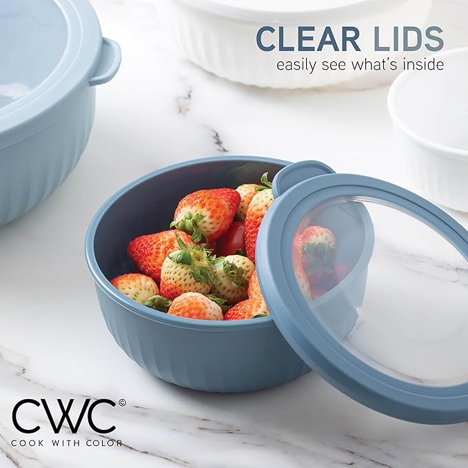 COOK WITH COLOR Prep Bowls with Lids- Wide and Deep Nesting Plastic Small Mixing Bowl Set with Lids, 8 Piece Set - Wide Bowls, Blue/Grey