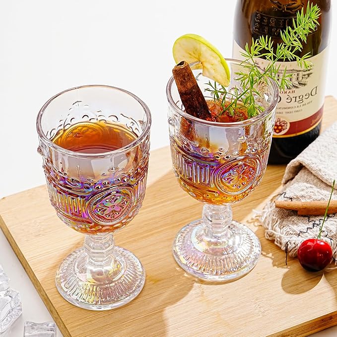 Sungmor Vintage Iridescent Wine Glasses – Set of 2 Embossed Goblets, 10 oz Decorative Glassware for Wine, Water, or Cocktails – Elegant Clear Drinking Glasses, Wedding & Party Drinkware