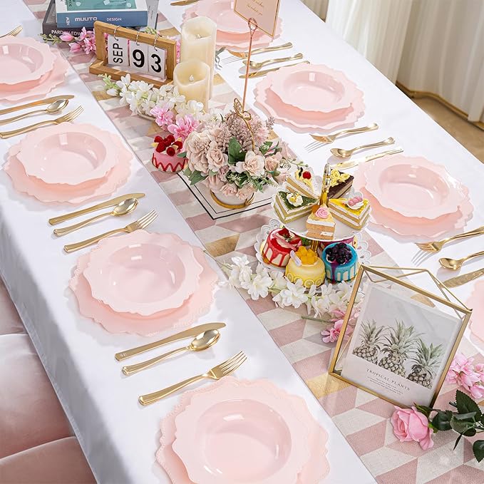 COLOSUS Pink Plastic Party Bowls (60 Pack) 12 Oz Disposable Soup/Salad Bowl, Fancy Shatterproof Dinnerware for Easter, Catering, Holidays, Weddings, and Everyday Use