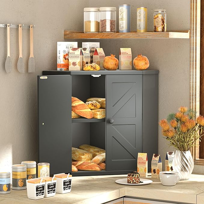 Corner Bread Box for Kitchen Countertop,Storage Container for Homemade Bread, Double Layer BreadBox, Large Capacity Bread Storage Bin, Vintage Farmhouse Breadbox Organizer,Black