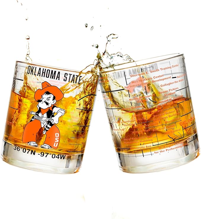 Greenline Goods – Oklahoma State University Cowboys College Whiskey Glasses (Set of 2), 10 oz – Full-Color Logo + Campus Map