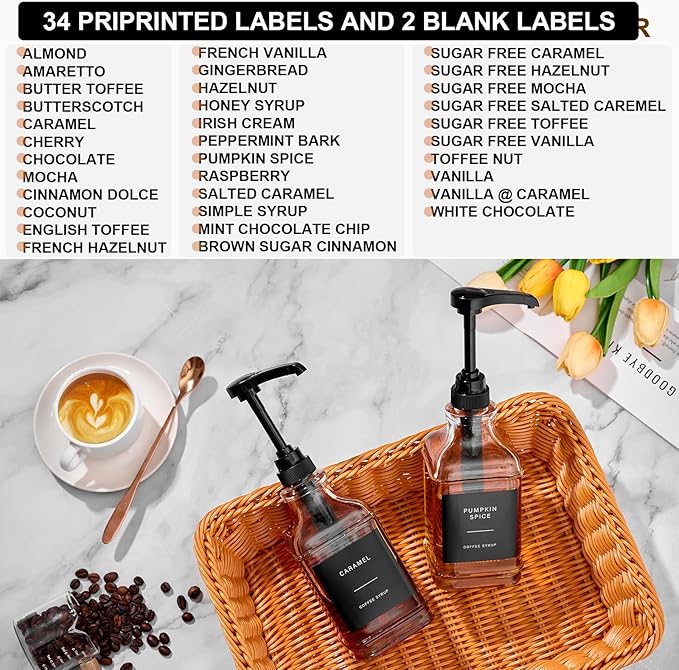 Coffee Syrup Dispenser for Coffee Bar, Glass Syrup Dispenser with Pump, Coffee Syrup Pump Dispenser Bottle with Tray, Spoon for Coffee Station, Coffee Bar Organizer, Black,16.9 oz, 500 ml