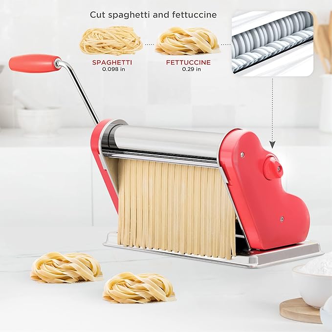 PASTALINDA Classic 260 Pasta Maker Machine, 26 cm Wide Rollers, 9 Thickness Positions, 2 Cutting Positions, Stainless Steel. Includes Reinforced Hand Crank And Two Clamps (Coral)