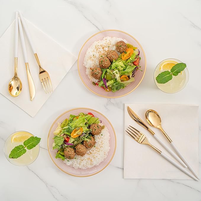 Restaurantware Plastic Plates 20 Pcs 7.25" Gold Rimmed Disposable Plates Heavy-Duty Pink Translucent Rippled Plastic Dinner Servers for Party, Weddings, Salads, Desserts, and Appetizers