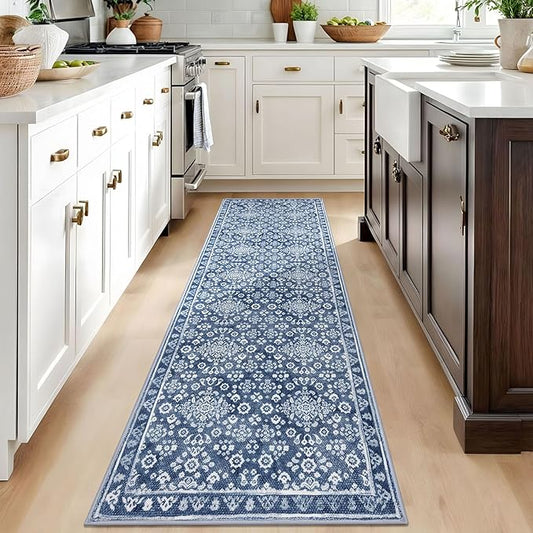 Vintage 2.6x8 Hallway Runner, Dusty Blue White Washable Non-Slip Hallway Carpet, Super Soft Kitchen Runner Rug, Print Faux Wool Floral Thin Carpet for Indoor & Bedside