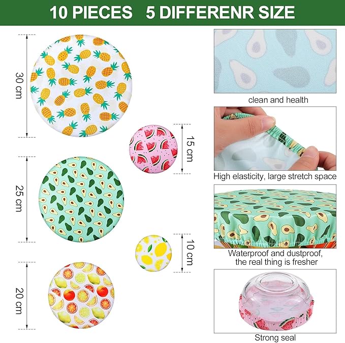 Patelai 10 Pcs Bowl Covers Reusable in 5 Size Stretch Cloth Fabric Elastic Food Storage Bowl Covers Bread Sourdough Lids for Proofing Food Fruits Leftover(Summer Style)