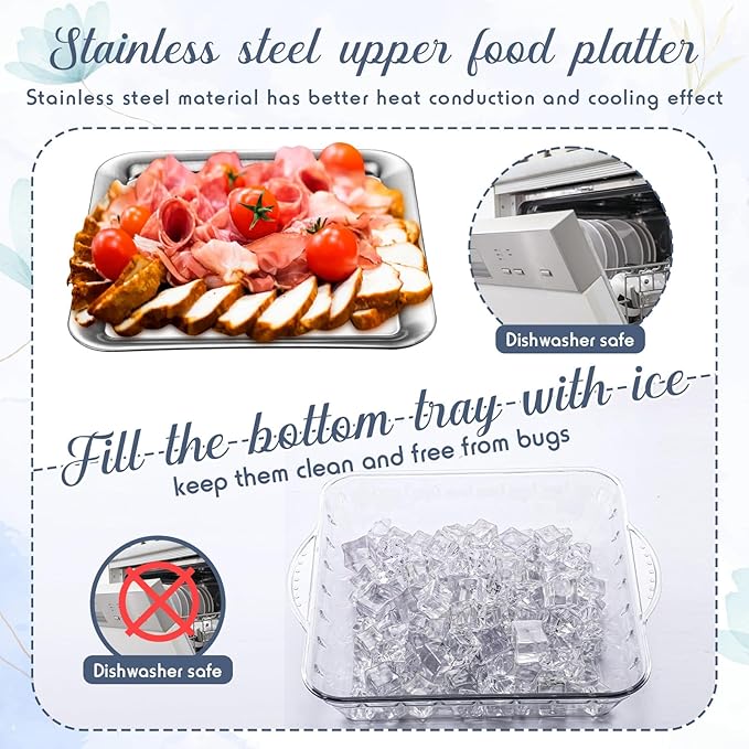 Baderke 4 Set 9" Chilled Serving Tray for Parties with Compartments Ice Chilled Party Platter Charcuterie Serving Board Cold Dish Dip with Forks Tongs for Fruit Seafood Vegetable Appetizer (Silver)