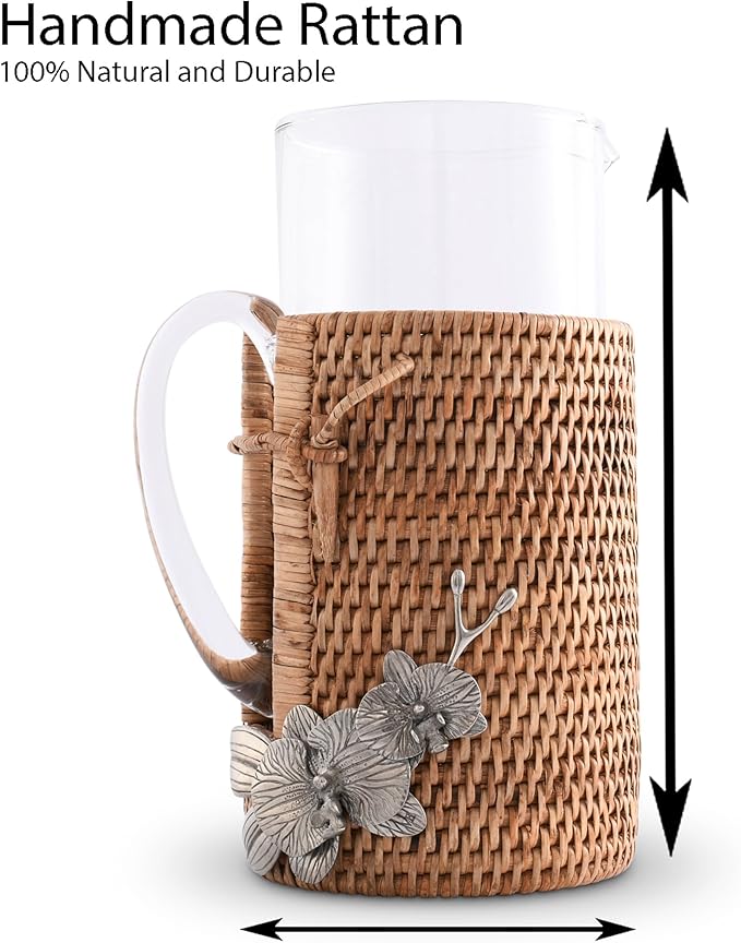 Vagabond House Orchid Adorned Glass Carafe, Lightweight & Durable, Tropical Rattan Wicker Design, Dishwasher Safe, Perfect Table Centerpiece, Ideal Ice Tea Pitcher for Hot or Cold Beverages