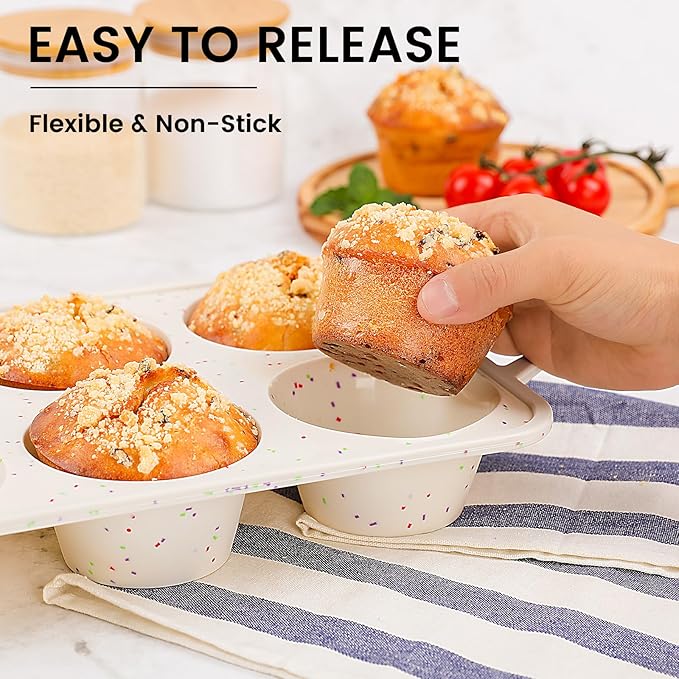 Vinino Jumbo Muffin Pan with Metal Reinforced Frame-2Pack, Silicone Cupcake Pan for Baking 6 Cup Jumbo Size, BPA Free Silicone Muffin Tray, Cupcake Baking Pan Molds for Oven Dishwasher Safe-Cream