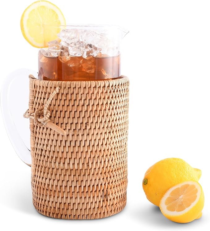 Vagabond House Light and Stylish Glass Carafe, Insulated Ice Tea Pitcher with Removable Rattan Cover, Easy Cleaning, Dishwasher Safe, Built in Coaster - Ideal Table Centerpiece for Boho House