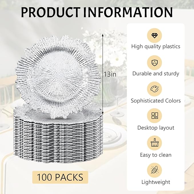 100 PCS Silver Charger Plates, 13" Vintage Decorative Table Plate, Ruffled Rim Plastic Reusable Dinner Charger Plates, for Wedding, Party, Table Setting
