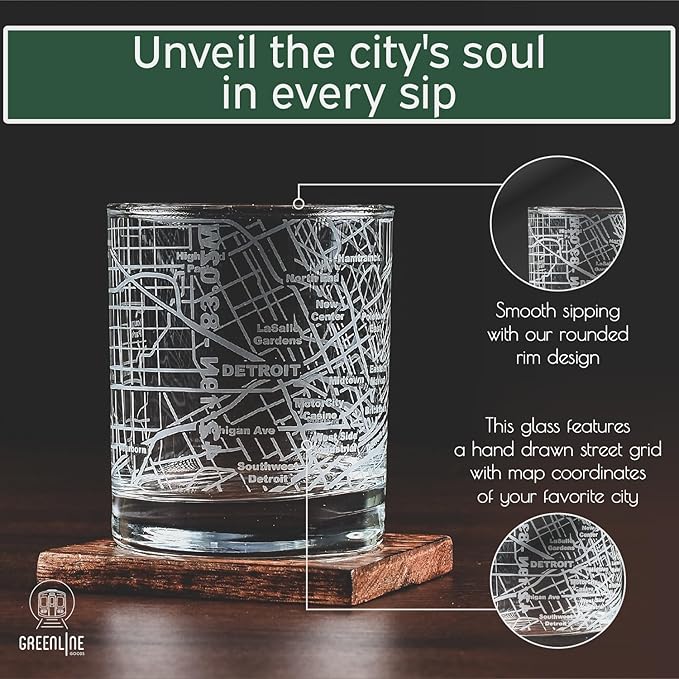 Greenline Goods Whiskey Glasses - 10 Oz Tumbler Set for Detroit, Michigan lovers, Etched with Detroit Map Old Fashioned Rocks Glass - Set of 2