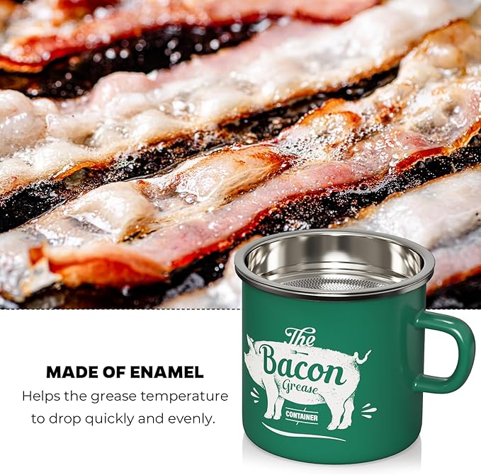 PGYARD Mini Bacon Grease Container With Strainer - 15OZ Enamel Grease Saver, Farmhouse Bacon Grease Keeper For Kitchen Fat Storage, Dishwasher Safe-Green