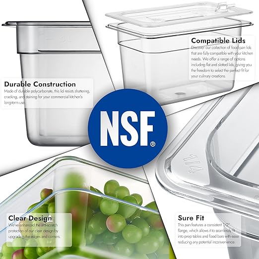 CURTA 6 Pack NSF Food Pans, 1/4 Size 6 Inch Deep, Commercial Polycarbonate Plastic Clear Freezer-Safe