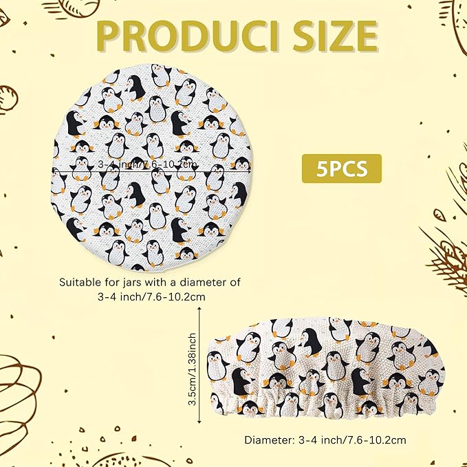 Cute Penguins Penguin Sourdough Jar Cover Reusable Cloth Lid for Sour Dough Starter Jar,5 Pack Bread Fermentation Container Tops Elastic Fabric Caps
