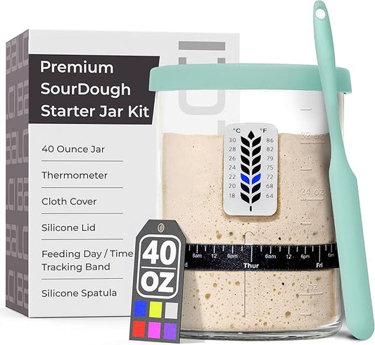 Premium Sourdough Starter Jar - 40oz Large Sourdough Jar with Marked Feeding Band, Thermometer, Scraper, Cloth Cover and Silicone Lid/Base, Wide Mouth Starter Kit - Mint