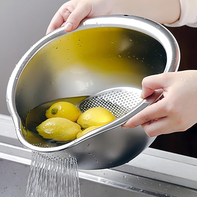 Rice Washing Bowl with Side Drainer Strainer Small Quinoa Washer Bowl, Stainless Steel Colander for Cleaning Fruits, Vegetables, and Beans - Versatile Kitchen Tool