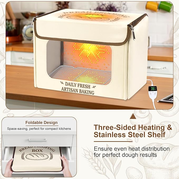 Antner Folding Bread Proofing Box with 70-131°F Temp Control & 99H Timer, Front-View Window Sourdough Proofing Box, Dough Proofer with Metal Rack for Sourdough, Pizza, Bread Baking, Yogurt, Kombucha