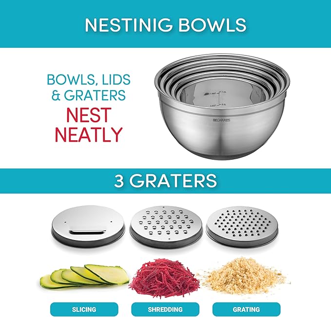 Mixing Bowls with Airtight Lids - 8PCS Stainless Steel Nesting Mixing Bowls Set with 3 Grater Attachments & Non-Slip Bottoms, Black Kitchen Bowls, Sizes 5, 4, 3.5, 2, 1.5QT for Baking & Kitchen Gift