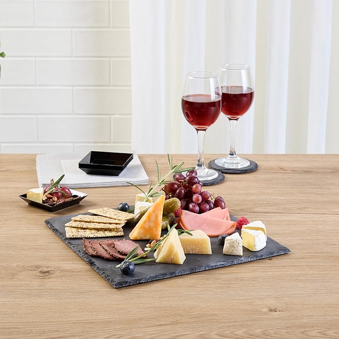 Restaurantware Slate Serving Trays 4 Pack of 12 x 12" Foam Feet Charcuterie Stone Plates Rustic Edges Freezable Black Square Serving Display Cheese Boards for Kitchen, Gourmet, Dining, Parties