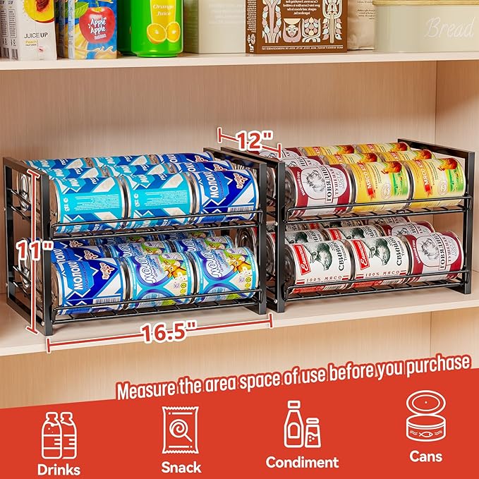 SUFAUY Stackable Pantry Can Organizers and Storage, Holds Up to 60 Cans, 2 Pack Soda Food Can Storage Rack Dispenser, Black