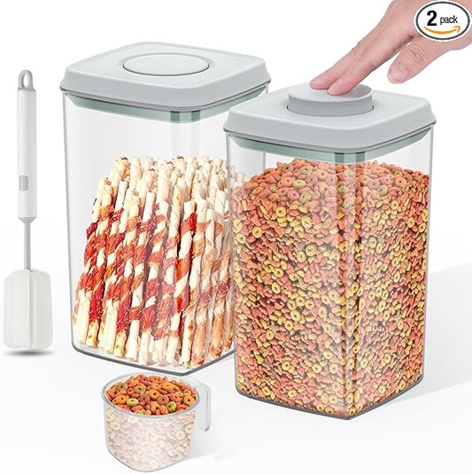 4.2Qt 2Pack Airtight Dog Cat Food Storage Container and Dog Treat Containers BPA-Free, PET Clear Stackable Pet Storage Bin, 1 Cup Scoop, 1 Sponge cleaning brush, Pop Top, With handle (Grey)