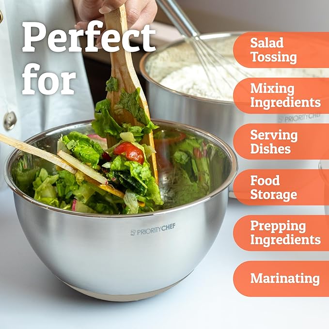 Priority Chef Premium Mixing Bowls With Airtight Lids Set, Thicker Stainless Steel Mixing Bowl Set, Large Prep Metal Bowls with Lids, Nesting Bowls for Kitchen, 1.5/2/3/4/5 Qrt, Khaki