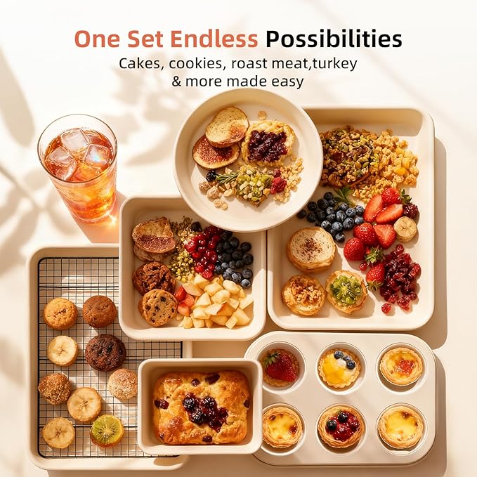 8-Piece Non-stick Baking Pans Set – Stackable Bakeware Set for Kitchen, Carbon Steel Baking Set with Cookie Sheet, Roasting Pan, Cake Pan, Muffin Pan, Cooling Rack, Baking Essentials Supplies