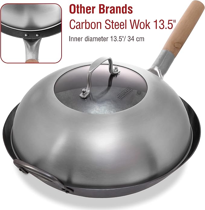 YOSUKATA Wok Lid 12.8 In for 13.5-In Wok - Premium Stainless Steel Cover with Tempered Glass Insert Steam Holes and Ergonomic Handle - Durable Stainless Steel Accessories - Dishwasher-Safe