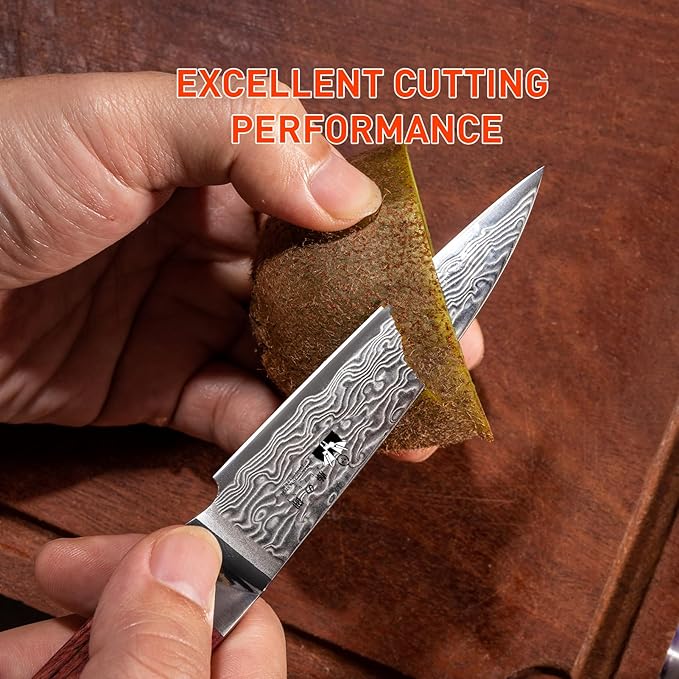 Damascus Paring Knife 3.5-inch Fruit and Vegetable Paring Knife 67-Layer Damascus with VG10 Cutting Core Peeling Knife with Full Tang Ergonomic Natural Wood Handle for Peeling