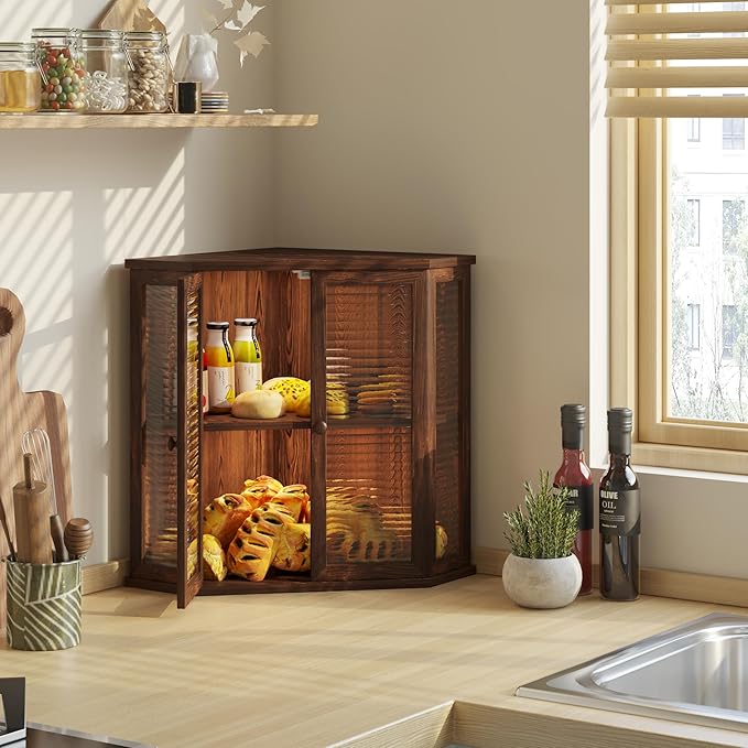 Corner bread box Bread Box for Kitchen Countertop - Corner Bread Storage Box 16.5" H, Premium Pine Wood with Glass Door, Perfect for Homemade Bread, Baguettes & Pastries (Brown)