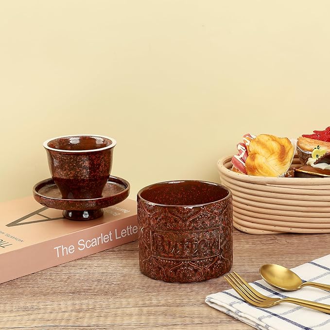 Butter Crock, Ceramic French Butter Dish with Lid for Countertop, Butter Keeper with Water Line for Fresh Spreadable Butter (Vintage Red)