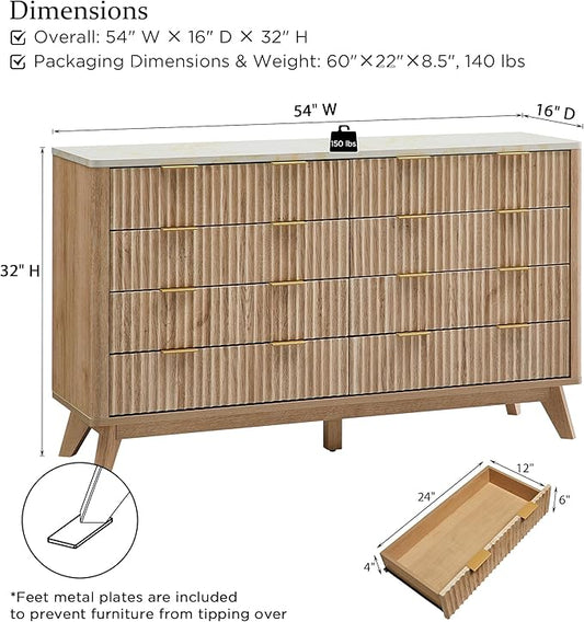 T4TREAM Fluted 8 Drawers Dresser, 54" Wide Modern Chest of Drawers with Faux Marble Top, Curved Profile Design, Dresser TV Stand, Wood Drawer Organizer for Bedroom, Living Room, Hallway, Natural Oak