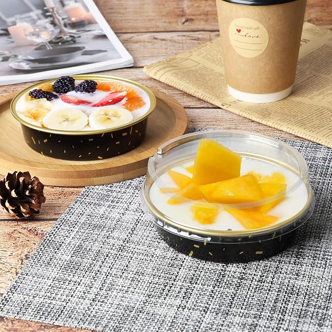 Beasea Mini Aluminum Pie Pans, 50 Pack with Lids, 8 Oz Black Gold Cartoon Tart Pans for Pie, Tart, Quiche