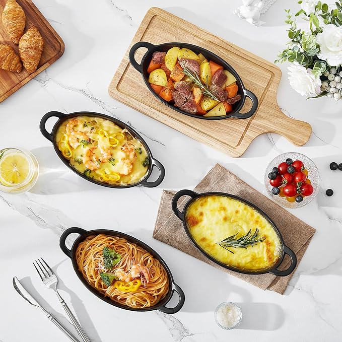 MALACASA Small Casserole Baking Dishes for Oven, Ceramic Oval Baking Dish Sets of 4, 8" x 5" Inch Au Gratin Baking Pans with Handles for Roasting, Lasagna, Pie, Baking Meat & Vegetables, Matte Black