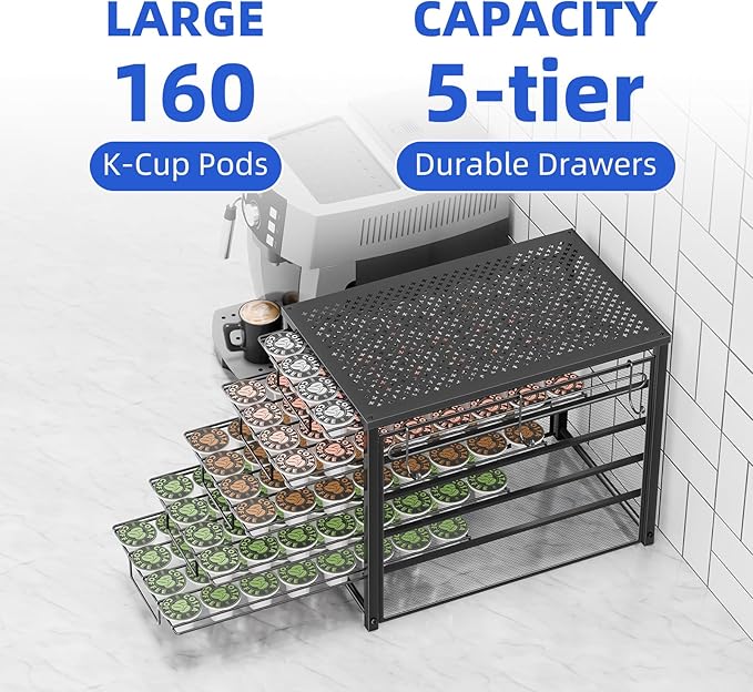Simple Trending 5 Tier Coffee Pod Holder for K Cup, 160 Pod Pack Capacity Rack, Metal, Black