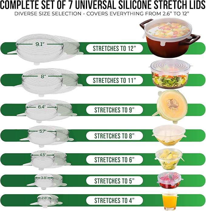 Reusable Silicone Stretch Lids for Food Storage in Fridge - Elastic Heat-Resistant Bowl Covers, Cups, Cans, Jars - Universal Food Grade Lid for Round and Rectangle Containers - Dishwasher Safe -7 Pack