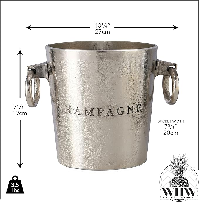 WHW Whole House Worlds Luxury Champagne Ice Bucket, Thick Gauge Walls, Handles, 7 Diameter, Handmade, Aluminum Nickel, Highly Polished, Silver Craft Finish