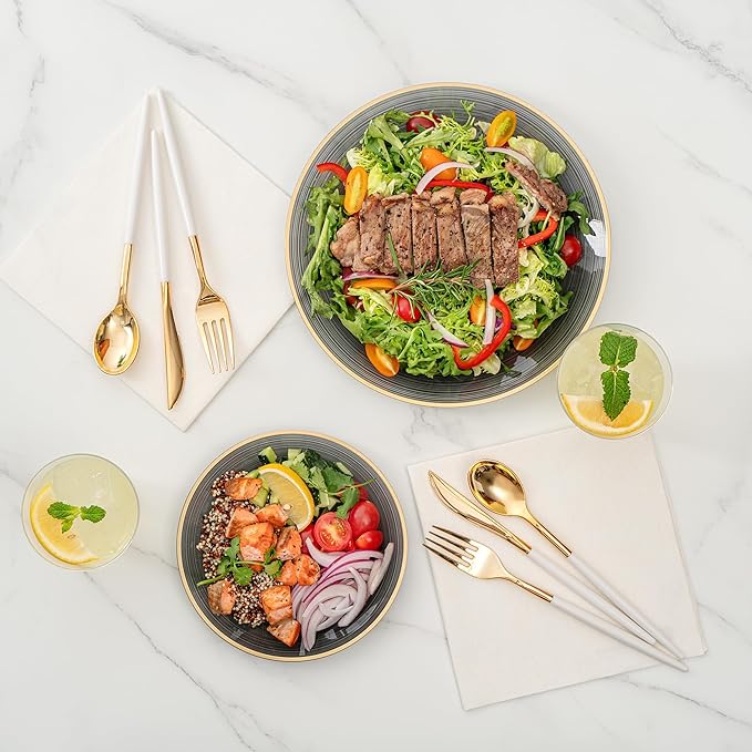 Restaurantware Plastic Plates 200 Pcs 7.13" and 10" Combo Gold Rimmed Plate Set Disposable Heavy-Duty Black Translucent Rippled Plastic Dinner Servers for Party, Weddings, Salads, Desserts