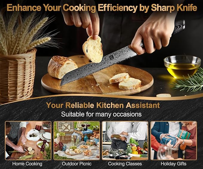 XINZUO Bread Knife 8 Inch,Professional Damascus Serrated Knife for Homemade Bread,Razor Sharp,Wide Wavy Edge for Bread, Bagels,Pizza and Cake, Gift Box Package