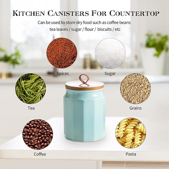 Ceramic Canister Sets for Kitchen Counter, 4-Piece Food Airtight Storage Jars for with Wood Lid, Storage Container for Coffee, Flour, Tea, Candy, Cookie, Spice
