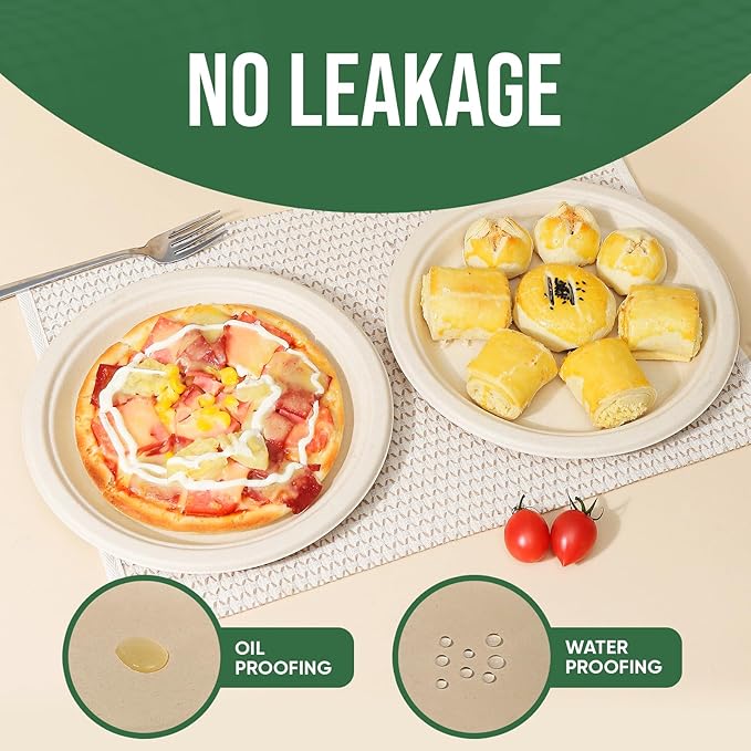 9 Inch Compostable Paper Plates (100 Pack) - Eco-Friendly Disposable Dinnerware for Parties, Microwavable & Water/Oil Resistant - 100% Biodegradable Heavy Duty Brown Plates for Events, Picnics