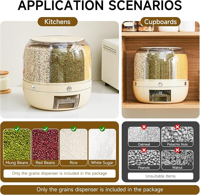 Rice Dispenser | 360° Rotating Grain Storage Bin - 6 Grids, 20LBS Large Capacity Food Container, Moisture-Proof, One-Click Output for Rice, Beans & Pet Food - Kitchen Pantry Organizer