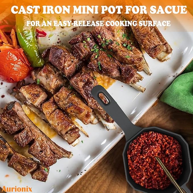 Cast Iron Sauce Pot with Lid,Premium Small Cast Iron Pan for Butter Melting, Basting and Grilling,Heavy Duty Butter Warmer, Camping Cookware, pre seasoned, Includes accessories